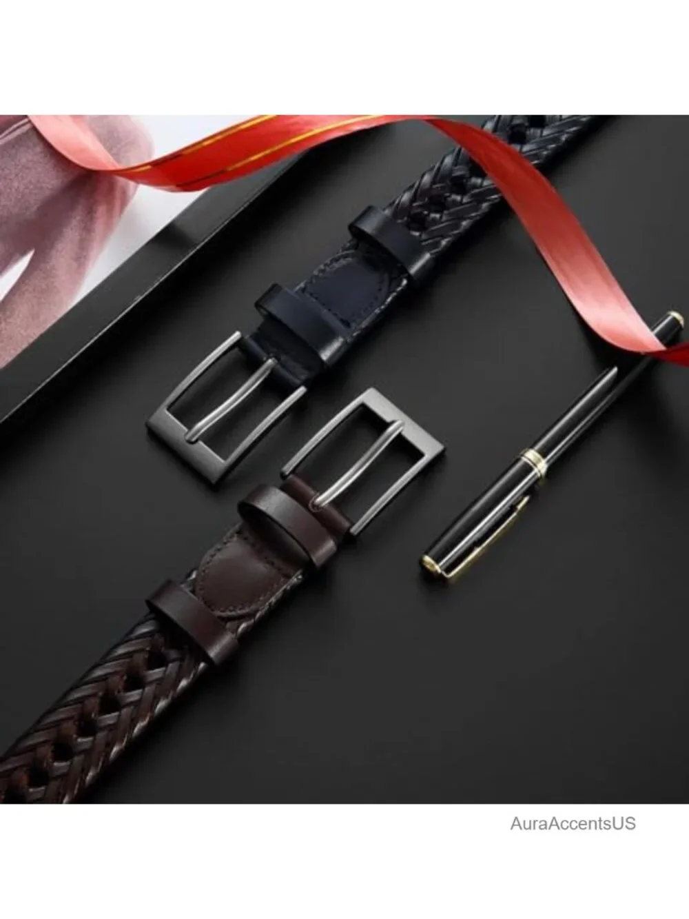Men's Braided Leather Dress Belt Woven Casual Golf Adjustable